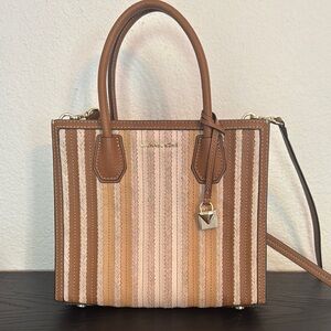 Michael Kors Striped Satchel in Brown and Tan